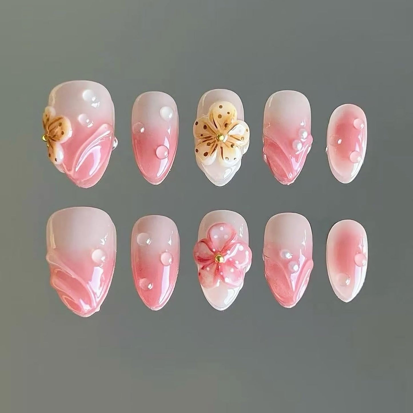 3D Blueberry Flower Press-On Nails - Medium Almond Shape with Pearl & Gold Beads | Reusable Glossy Blue French Tips for Summer Parties