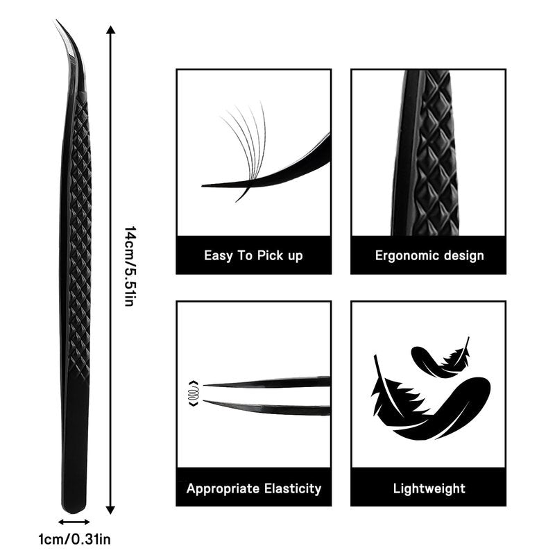 VAVALASH Lash Tweezers for Eyelash Extensions, Fiber Tip Diamond Grip Isolation Tweezers, Professional Precision Black Lash Tweezers for Volume & Classic Lashes