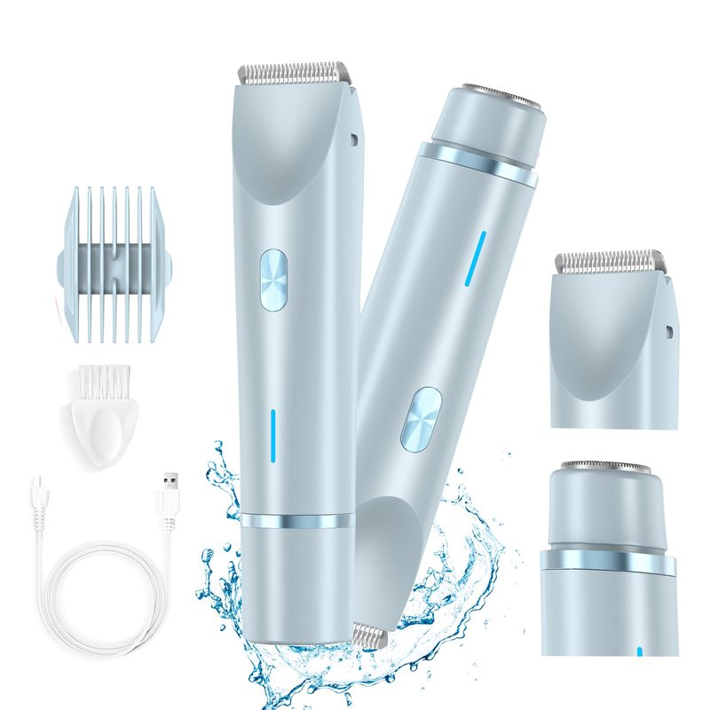 RIYUETAN Bikini Trimmer for Women Electric Razor, Double Head Dual Purpose Hair Trimmer IPX7 Waterproof Wet & Dry Use, Electric Shaver for Legs Underarm (Light Blue)