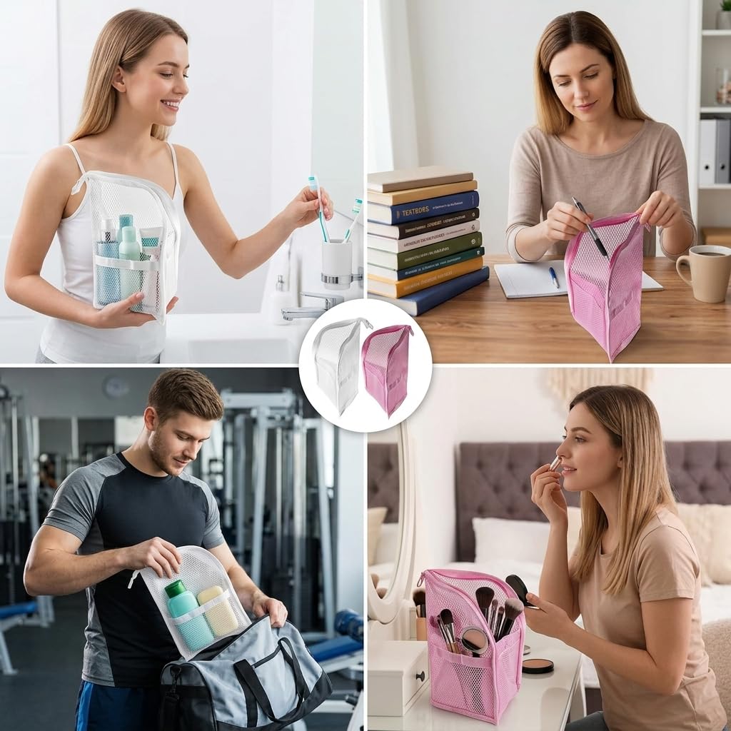 GWZTIO 2 PCS Standing Toiletry Bag, White and Pink Color,Standing Travel Toiletry Bag with Organized Compartments for Efficient Packing and Easy Access