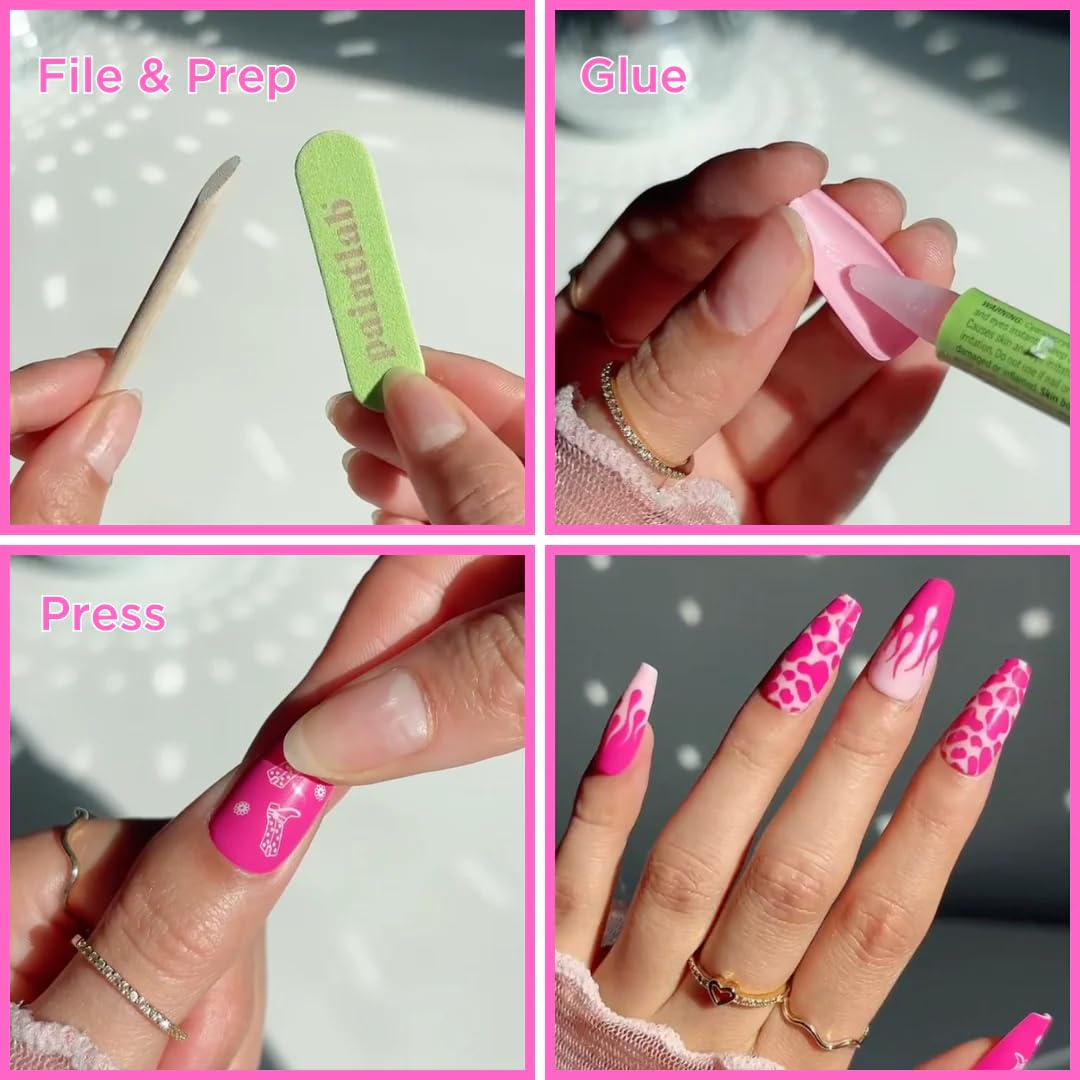 Press On Nails - Chrome Pink Polka Dot French Tip | Short Almond, 30 Nails in 15 Sizes with Glue, Reusable Salon Quality