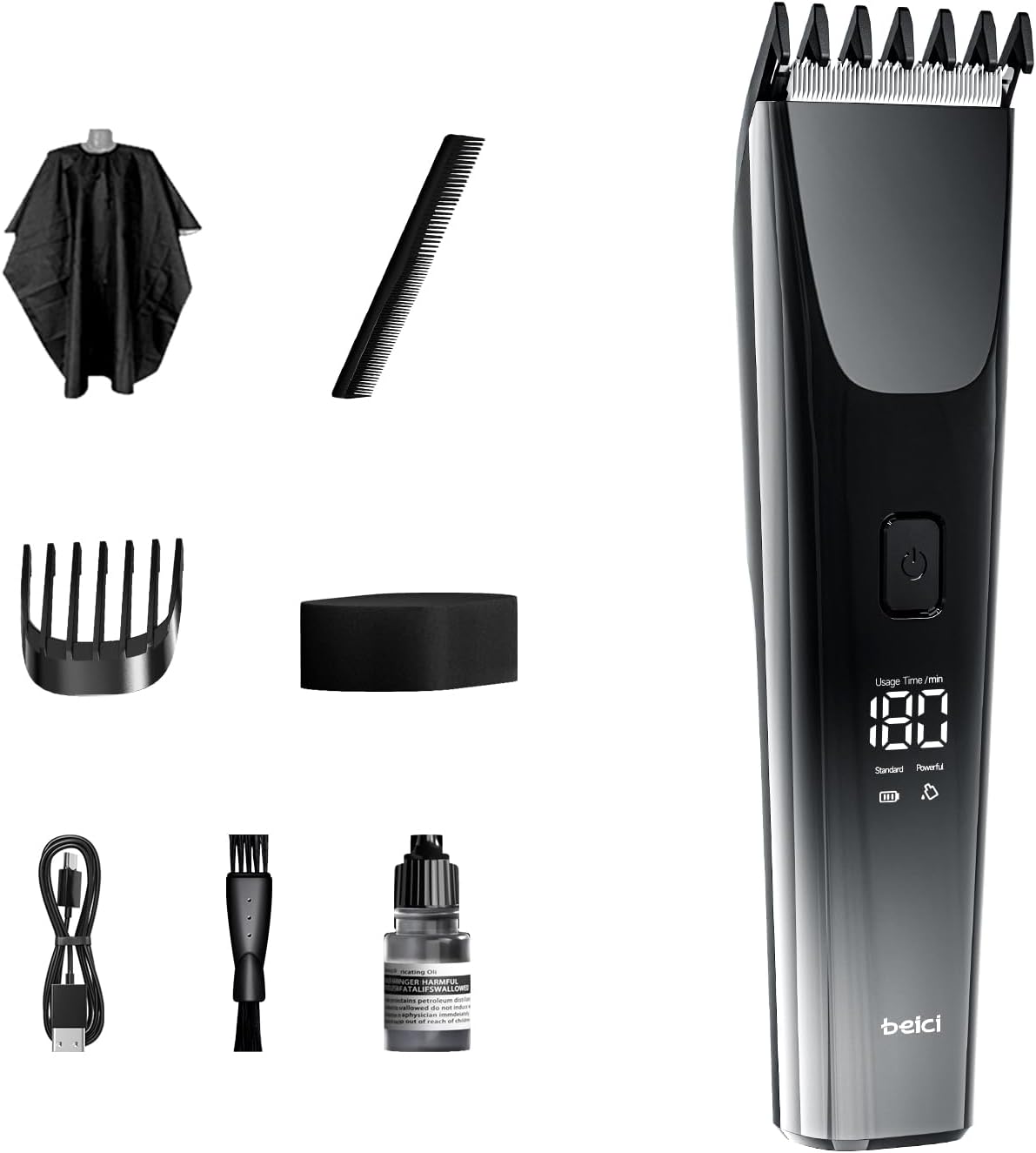 Hair Clippers for Men & Kids - Adjustable Length Trimmer with LED Display | Fast Charging Grooming Kit in Black
