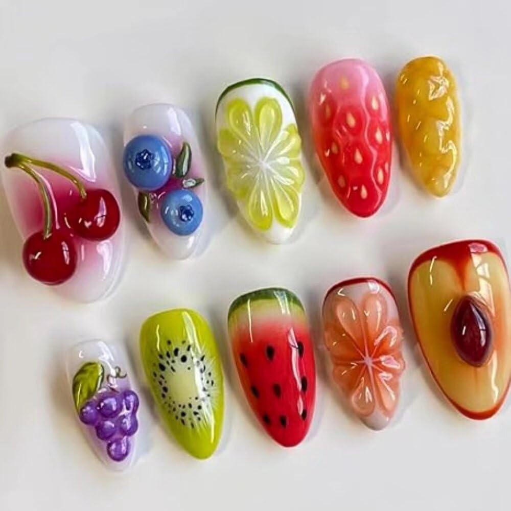 Press On Almond Nails - Handmade 3D Design, Thick Acrylic Gel | Reusable DIY Artificial Nails for Women (10 Pieces)