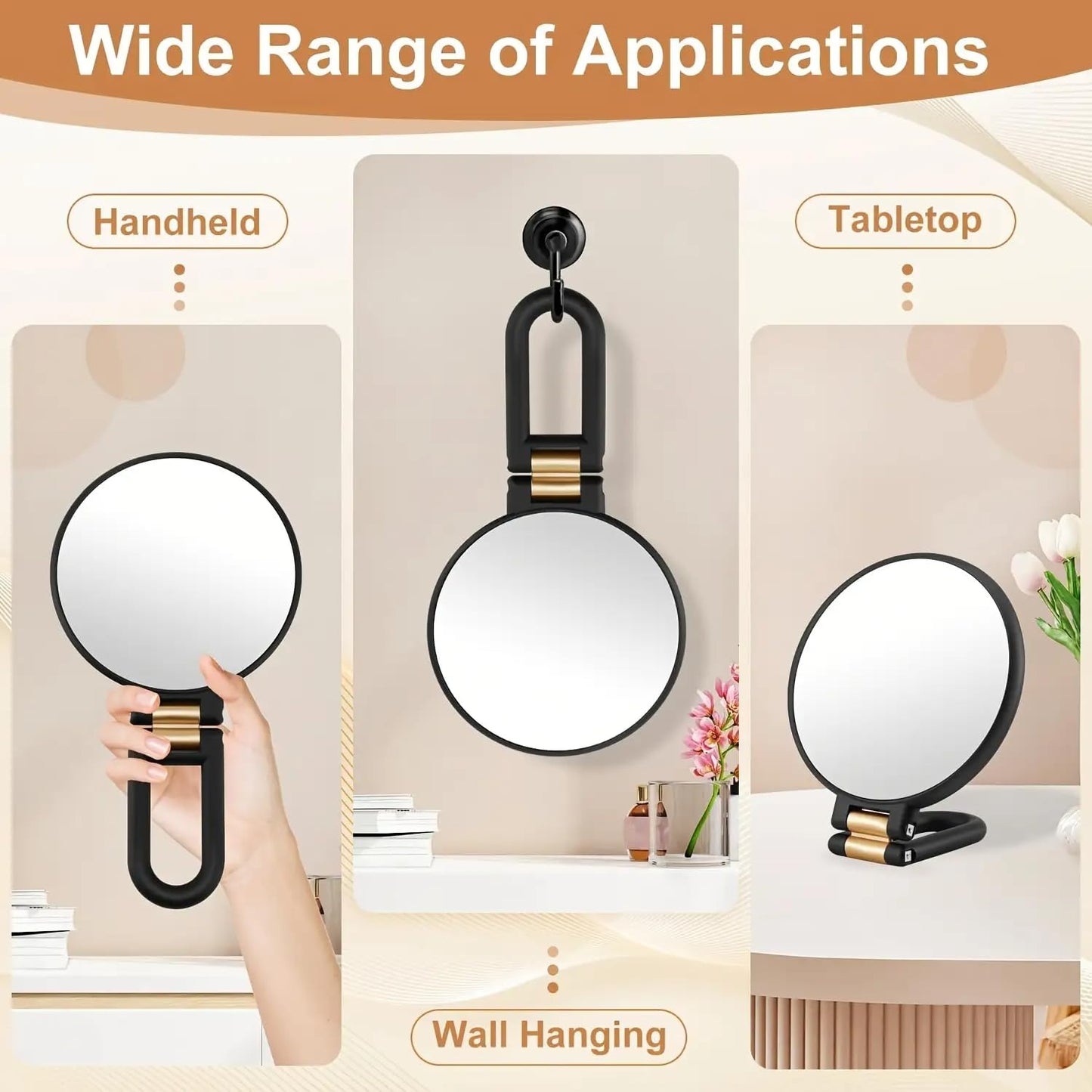 RYPFOEWBN Modern Mirror 3-in-1 Magnifying Glass, Black and Gold, 24cm/9.45inch, 50X Magnification, Handheld/Wall Mount/Tabletop Design, Double-Sided Makeup Mirror with 360° Adjustable Handle