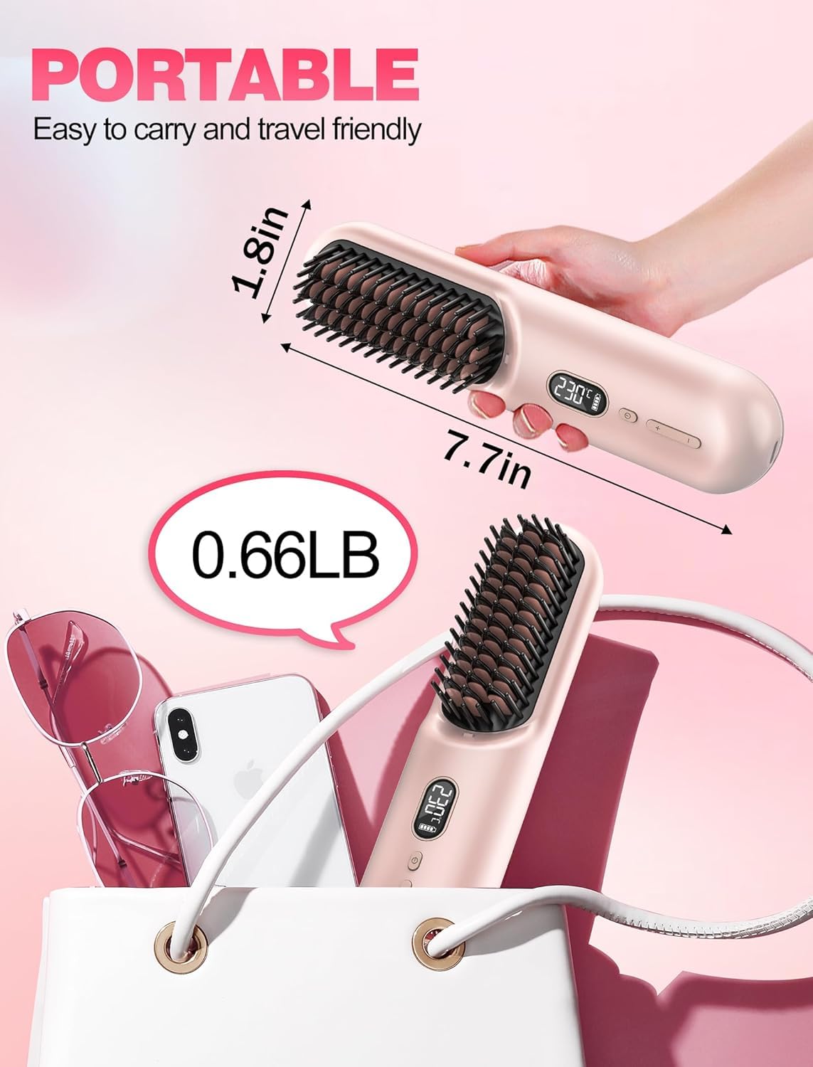 Cordless Hair Straightener Brush Go Brush Pro for Short Hair, Travel Hair Straightener with 20M Negative Ions, Rechargeable Straightening Brush, 30s Fast Heat, 12 Temp Settings, Anti-Scald, Pink