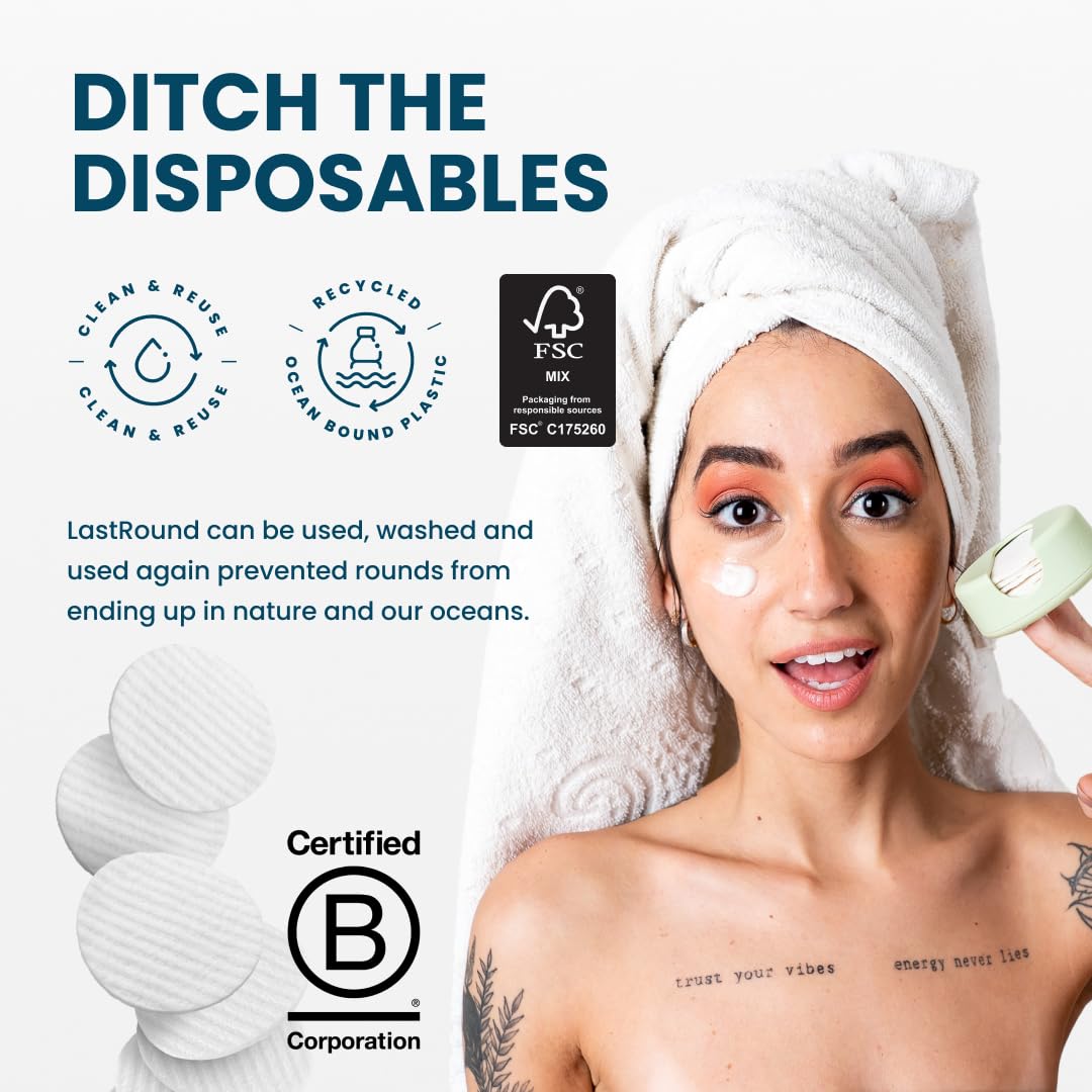 LastRound Reusable Makeup Remover Pads - 7 Washable Eco-Friendly Reusable Cotton Rounds for Face - Sustainable & Soft Cotton Face Pads for Facial Cleansing & Eye Makeup Removal - Travel Storage Case