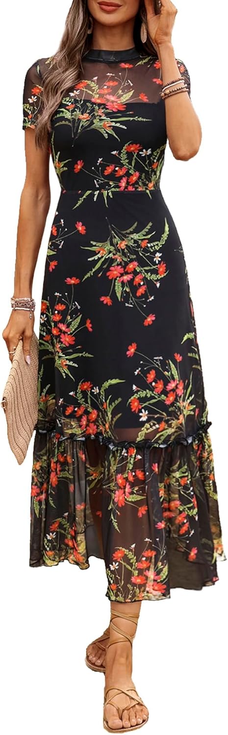 Floral Mesh Ruffle Maxi Dress for Women - Casual Summer Wedding Guest Dress | Short Sleeve, Waist-Cinched