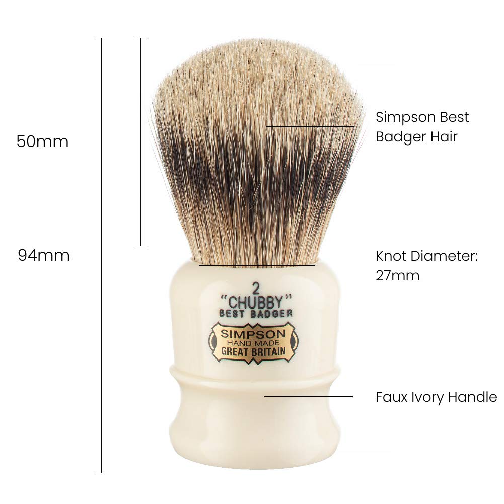 Simpsons Chubby 2 Best Shaving Brush - CH2 High Density Knot, Hand-Turned Ivory Handle Simpson Shaving Brushes - Wet Shave Deluxe Thick & Luxurious Lather Handle Dense & Extra Soft Bristles