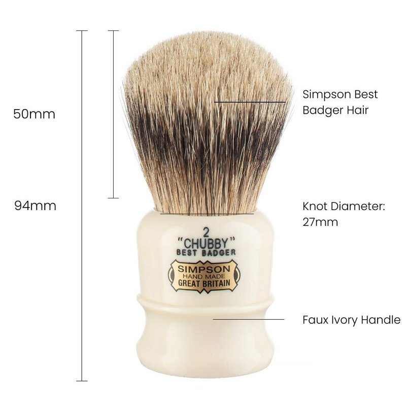 Simpsons Chubby 2 Best Shaving Brush - CH2 High Density Knot, Hand-Turned Ivory Handle Simpson Shaving Brushes - Wet Shave Deluxe Thick & Luxurious Lather Handle Dense & Extra Soft Bristles