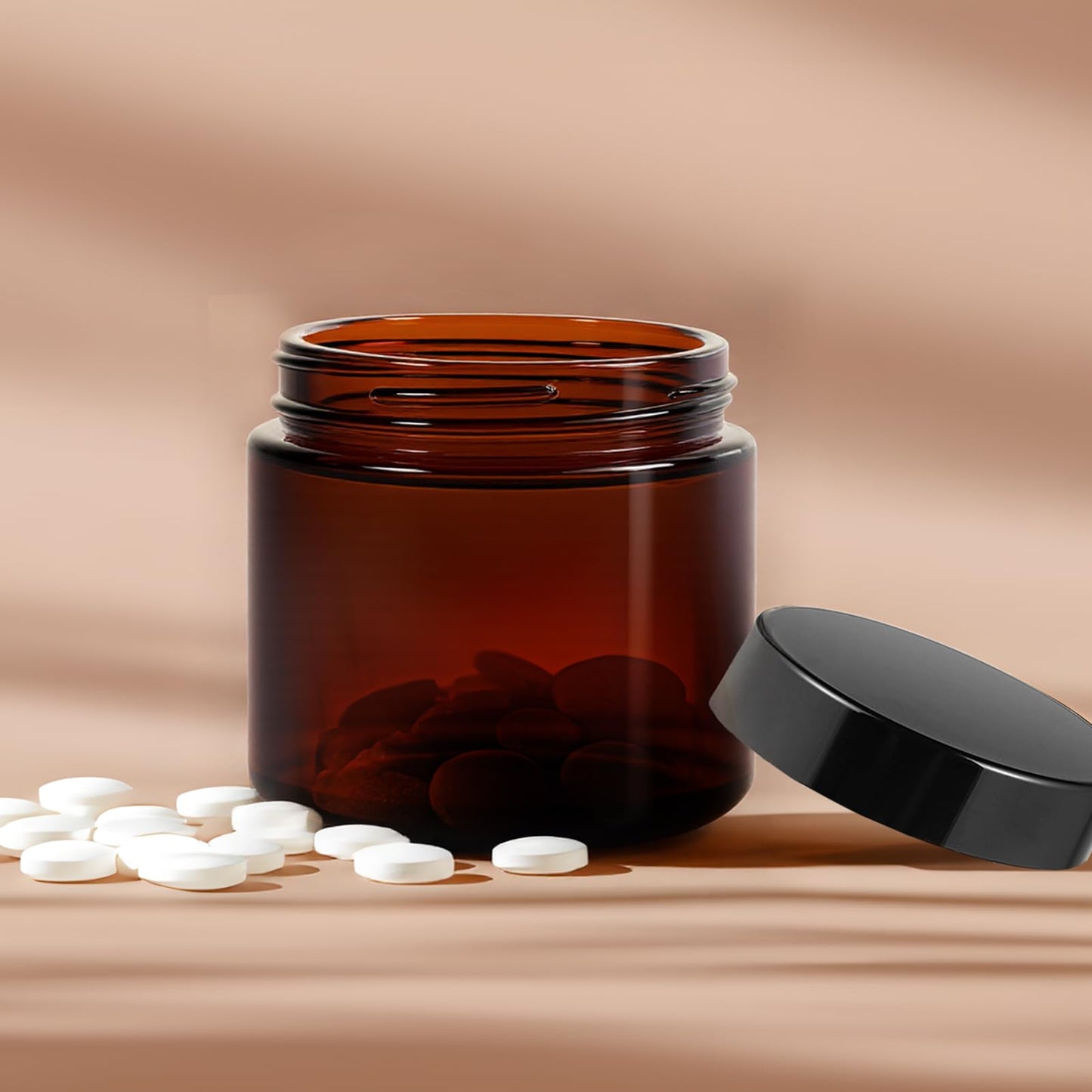 11 Hoa Kinh 2oz Jars with Lids 40 Pack Amber Glass Jars with Lids Empty Cosmetic Containers Round Airtight Glass Jar with Black Lid for Storing Lotions Powders Ointments
