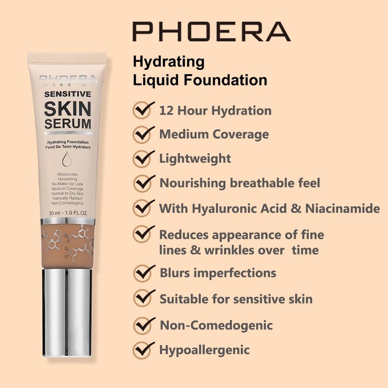 PHOERA Hydrating Foundation - Hypoallergenic Tinted Moisturizer for Mature Skin | N02 Nude Shade
