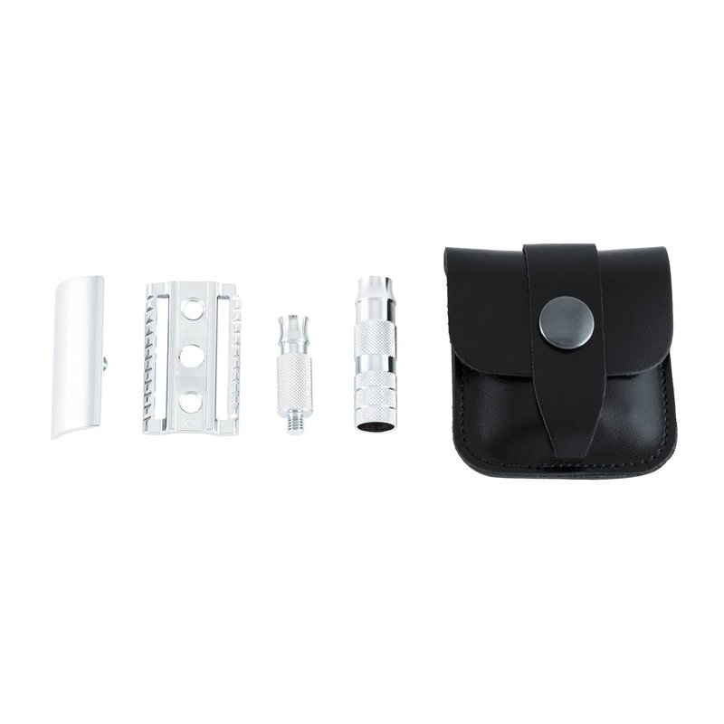 MERKUR 933C Travel Double Edge Safety Razor with Leather Case, Three-Piece Compact Design, Closed Comb, Bright Chrome Finish, Made in Germany