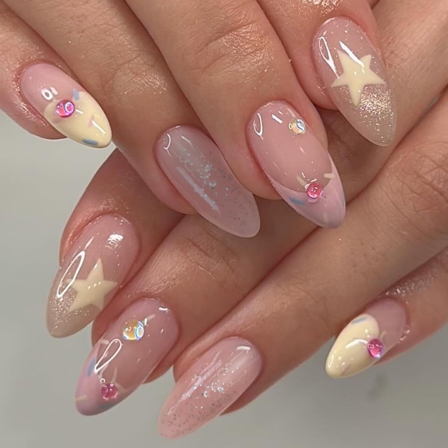 French Tip Press-On Nails - Medium Almond Shape with 3D Bow & Pearl Charms | 24 Pcs Spring Design