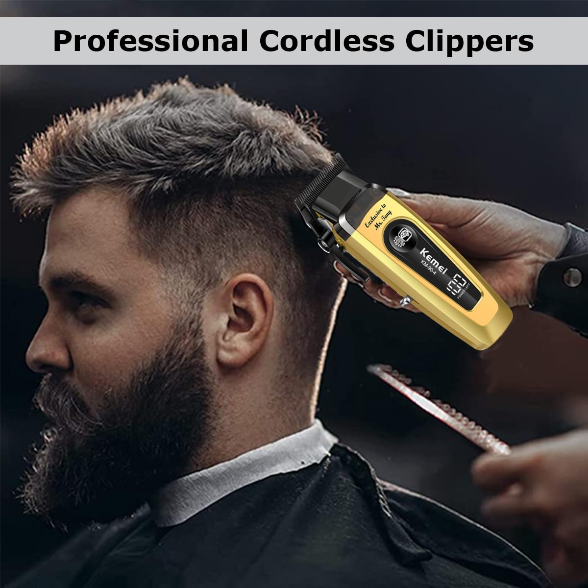 KEMEI 90-4 Professional Hair Clippers for Men, 11500 RPM Barber Clippers with LED Display, Cordless Hair Trimmer with DLC Blade & Charging Base, 2000 mAh Hair Clipper for Barbers Haircut Kit, Gold