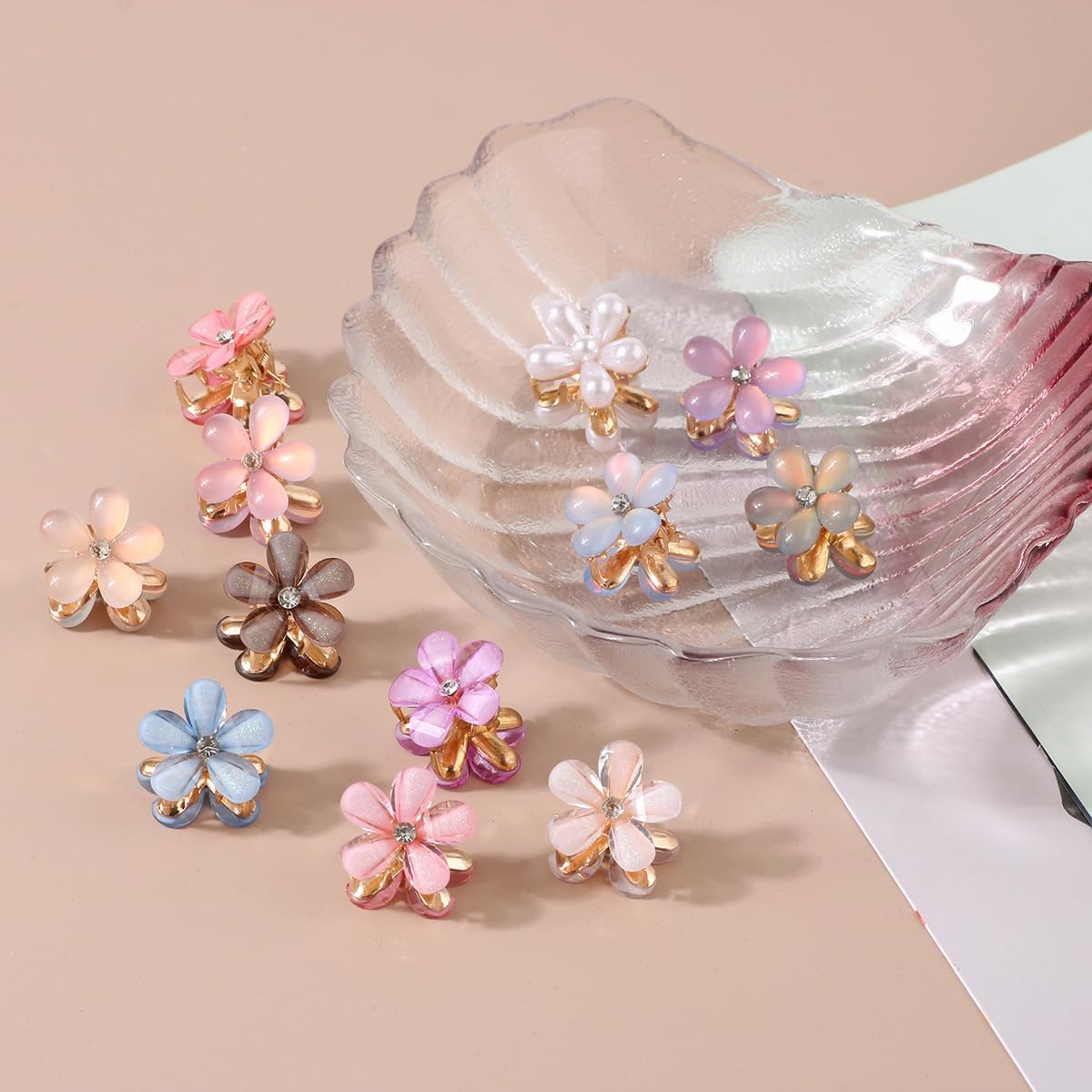 10 Pcs Small Crystal Flower Hair Claw Clips, 0.8" Mini Metal Bangs Pins for Thick Curly Hair Accessories for Women & Girls