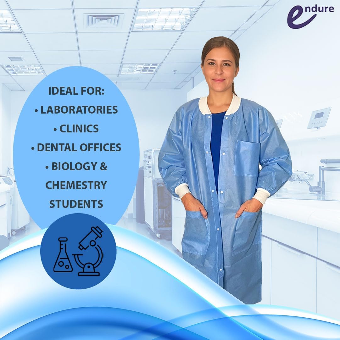 Endure Lab Coat - Disposable Knee-Length with Knit Cuffs | Premium SMS Material, Box of 10