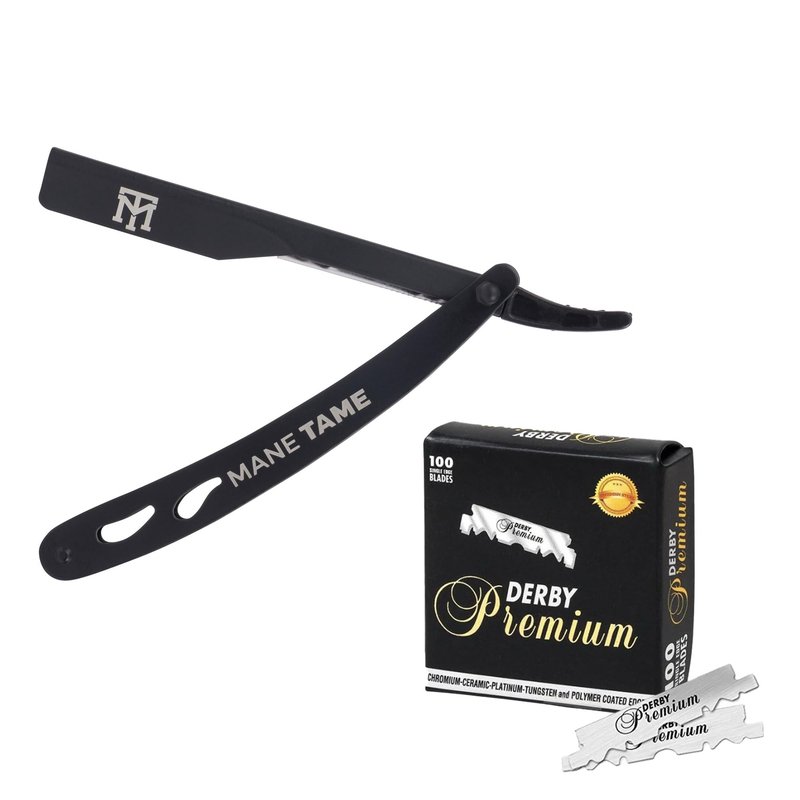 Mane Tame Professional Men's Grooming Straight Edge Professional Barber’s Razor & 100 Darby Premium Blades – Black