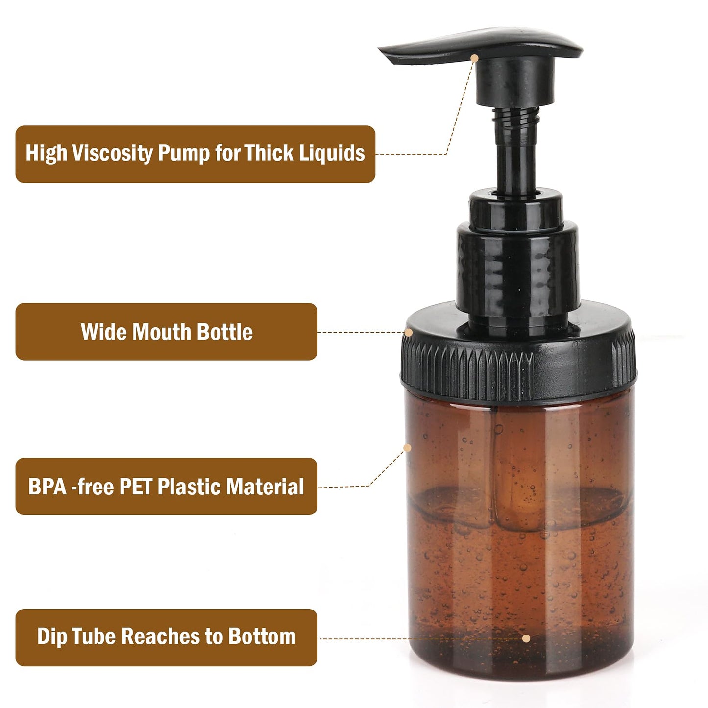 Cosywell Pump Bottle Dispenser 4oz/120ml 4 Pack Plastic Pump Bottles Lotion Dispenser Wide Mouth Jar Style Empty Refillable Bathroom Shower Containers for Shampoo Conditioner Body Wash(Brown)