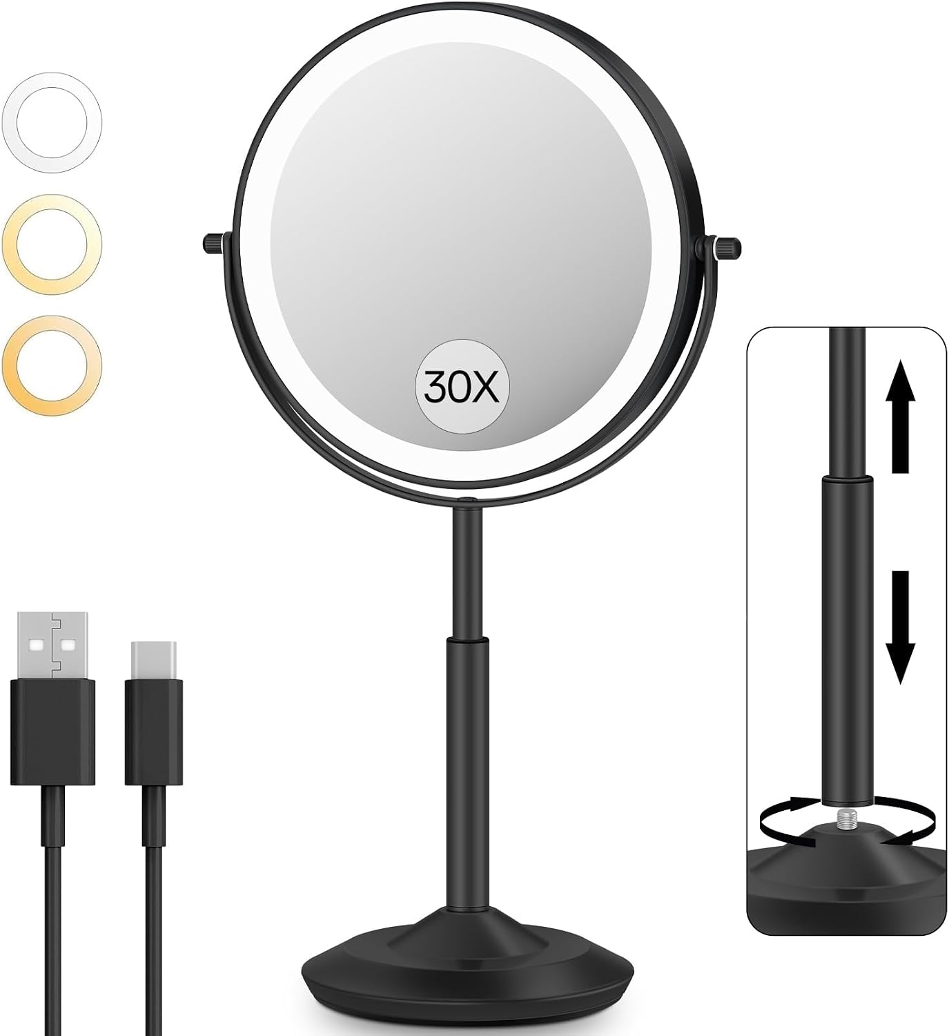 30X/1X Lighted Makeup Mirror - Adjustable Height Vanity Mirror with 3 Lighting Modes & Rechargeable 3000mAh Battery | Perfect Gift for Women