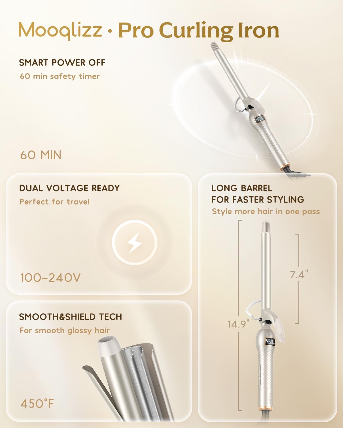3/4 Inch Curling Iron - Small Barrel Ceramic Wand with Dual PTC Heating & 12 Temperature Settings | Gold