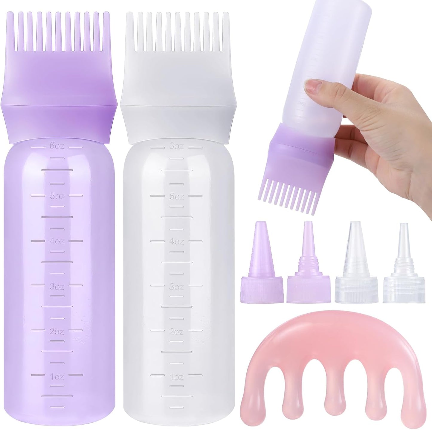 Hair Oil Applicator Bottle - Scalp & Root Comb Dye Squeeze Tool | 2 Pack (Black, White) with 4 Pointed Mouth Cover