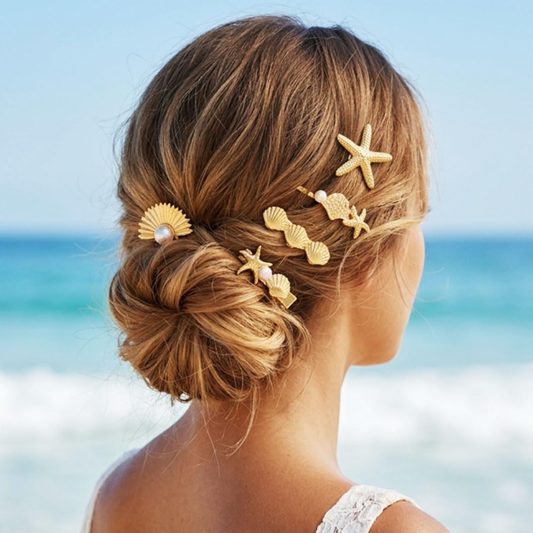 BARTOSI Shell Hair Clips Gold Starfish Hair Pins Decorative Hair Combs Hair Accessories for Women and Girls (Pack of 5)