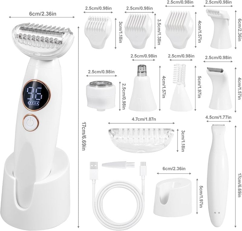 Bikini Trimmer for Women, Electric Razors for Silk Skin 5-in-1, IPX7 Waterproof, USB Rechargeable, Electric Razors for Women for Face, Eyebrows, Body, Bikini Zone with Charging Station