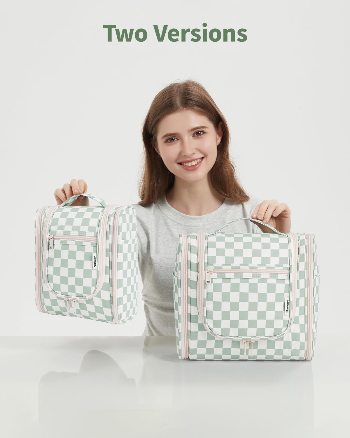 Narwey Hanging Travel Toiletry Bag - Checkered Makeup Organizer for Women | Mint Green Checkerboard Design