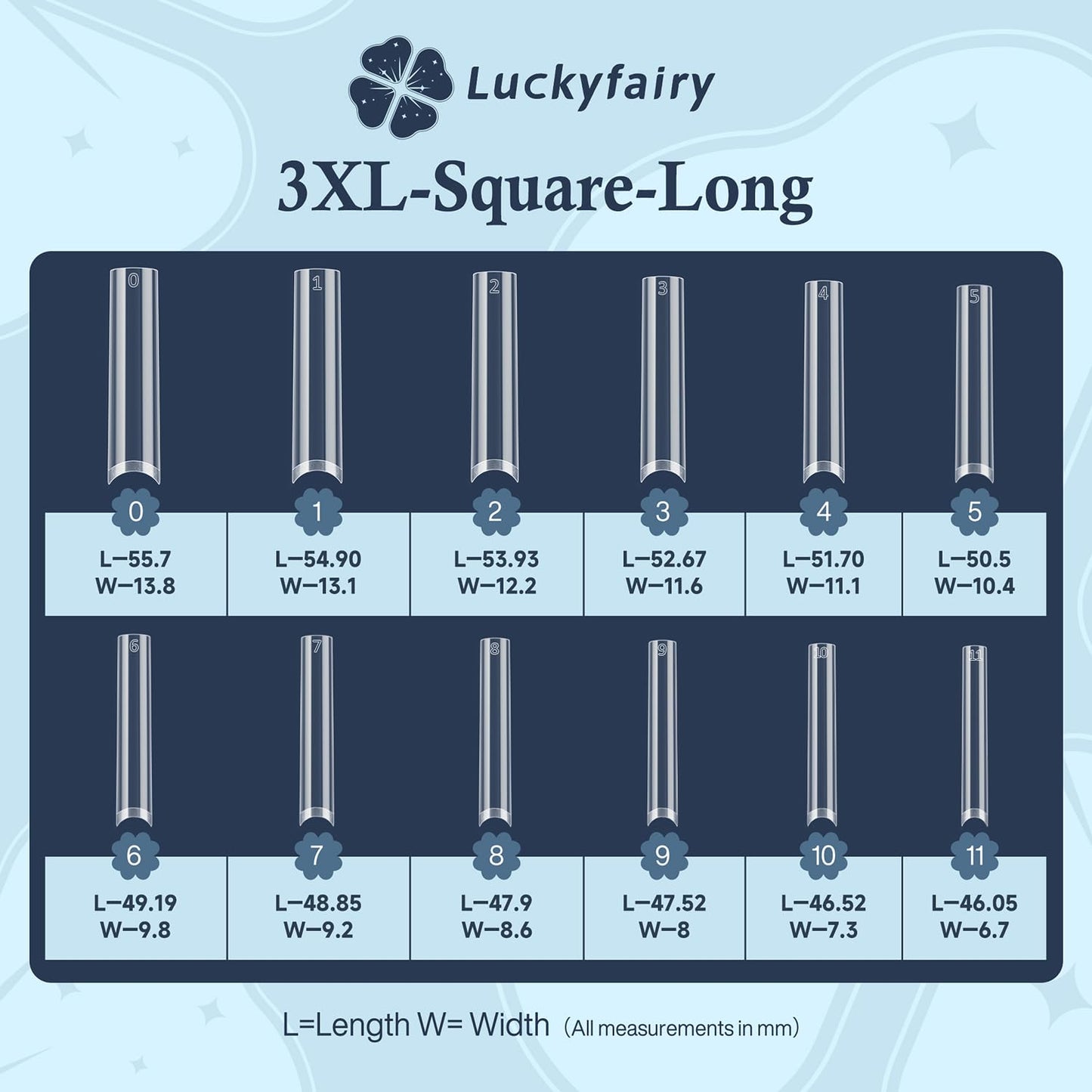 Luckyfairy Square Nail Tips - 240pcs Soft Gel Fake Nails for Home DIY Manicure | 3XL Matte Half Cover in 12 Sizes