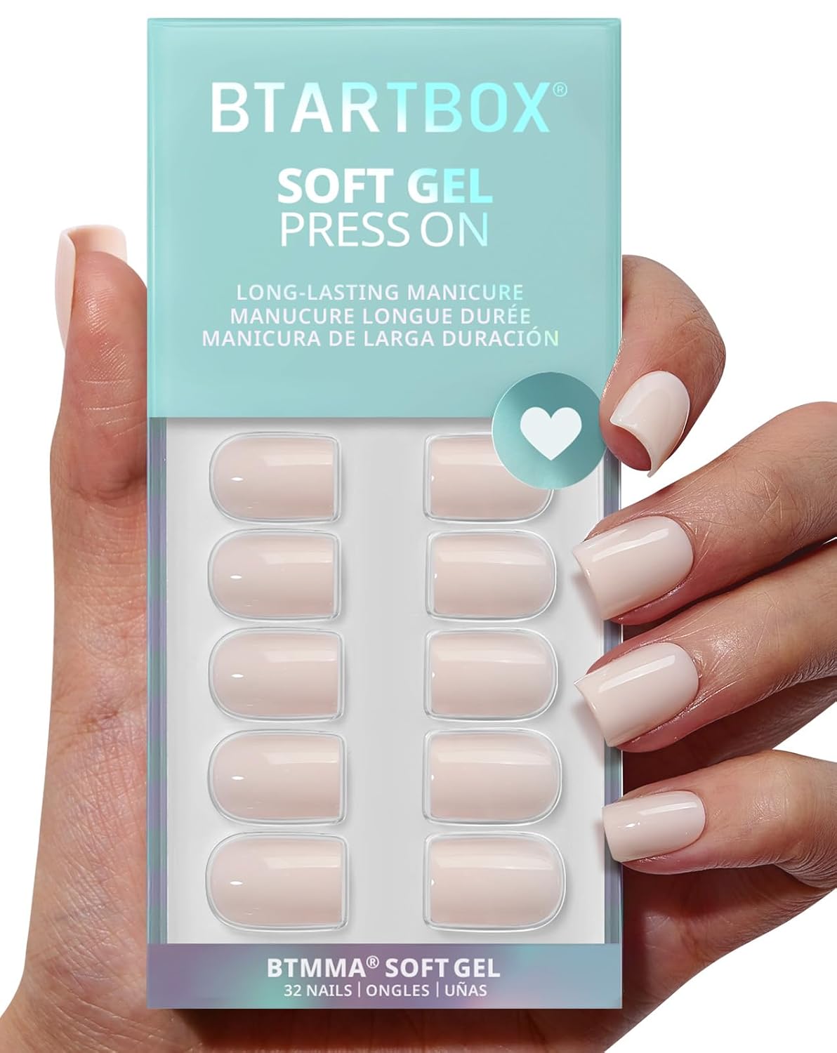 Press On Nails - Almond Shape Pastel Baby Pink Short Nails | Opaque Soft Gel, 32-Piece Kit in 16 Sizes