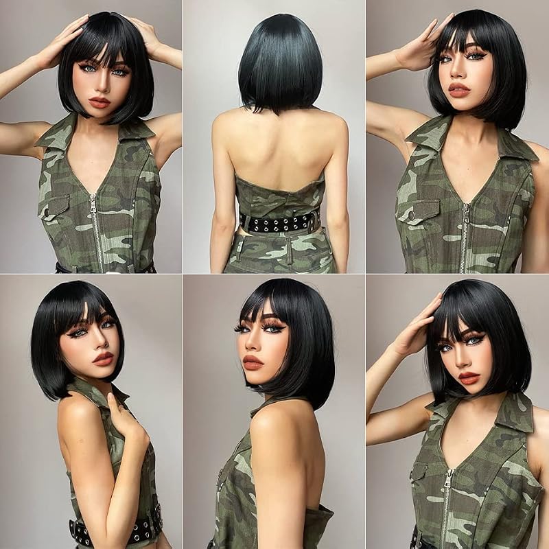 Black Short Bob Wig with Bangs - Synthetic 12 Inch Straight Cosplay & Daily Wear