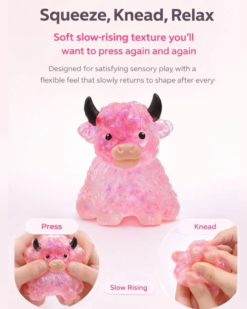 Glitter Highland Cow Squishies Fidget Toy, Soft Slow Rising Stress Relief Ball, Cute Sensory Squeeze Toy for Adults & Kids, Anxiety Relief Desk Decor, Easter Basket Stuffer for Cow Lovers (Blue)