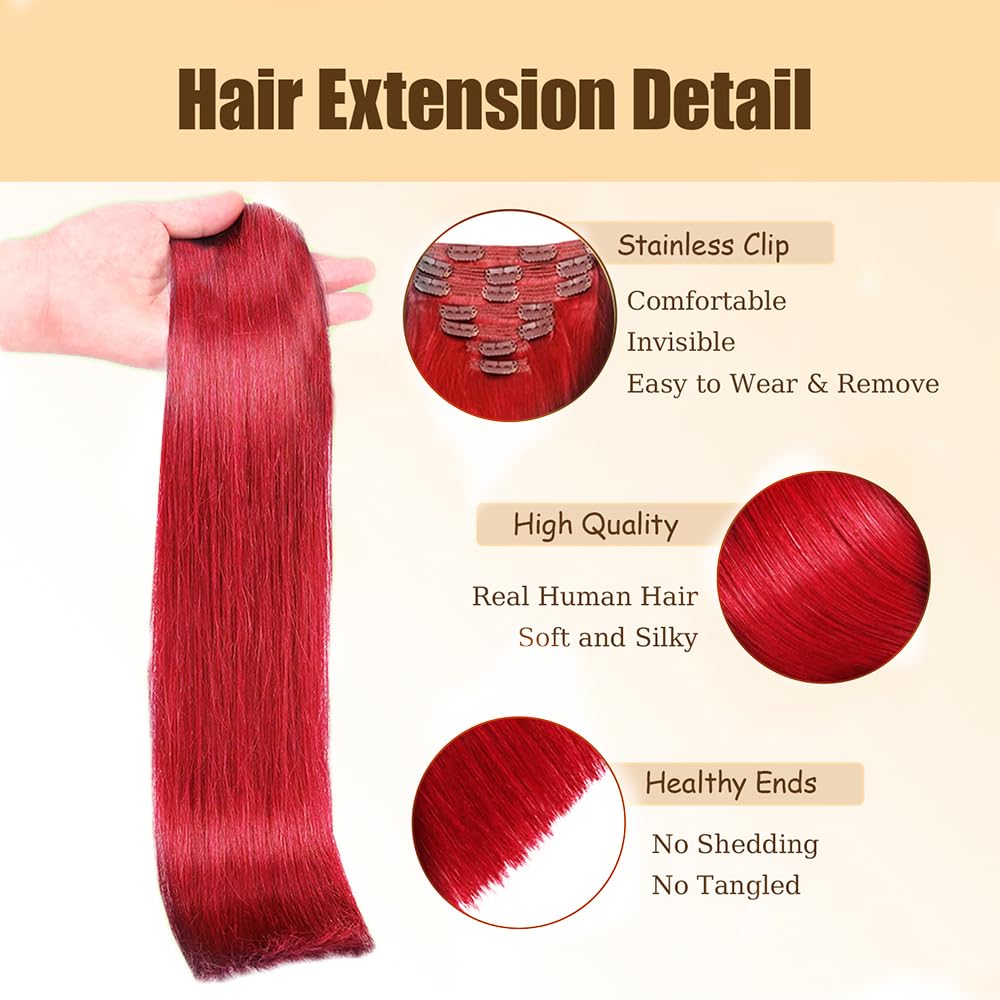Red Clip in Hair Extensions Real Human Hair, 18 Inch 120g/7Pcs,Full Shine Remy Hair,Wine Red Straight Clip ins Brazilian Virgin Human Hair Extensions