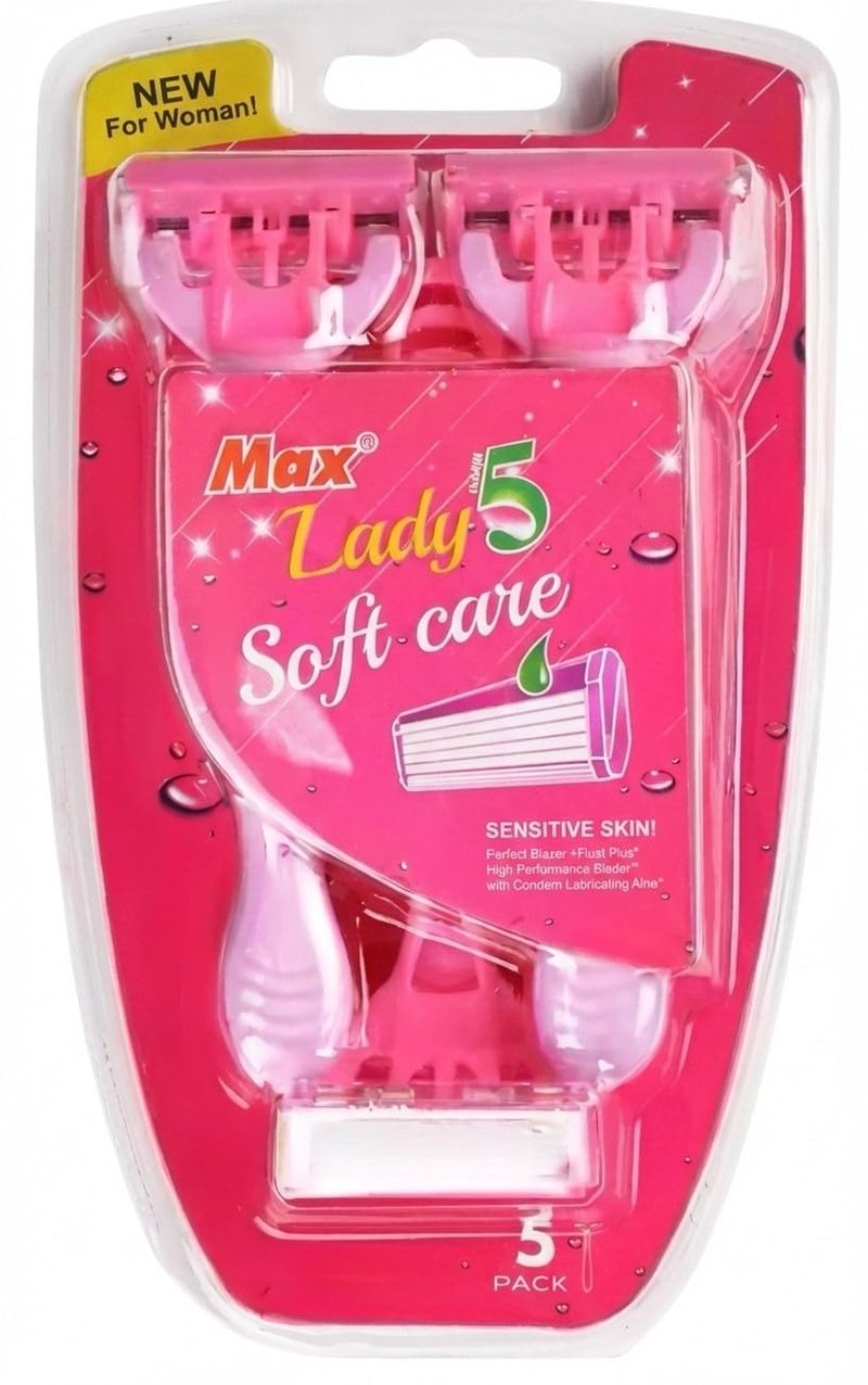 Max Lady 5 Soft Care Women's Disposable Razors - 5-Blade Premium Shaving System for Sensitive Skin - with Aloe Lubricating Strip & Ergonomic Grip Handle - 5 Count Pack.