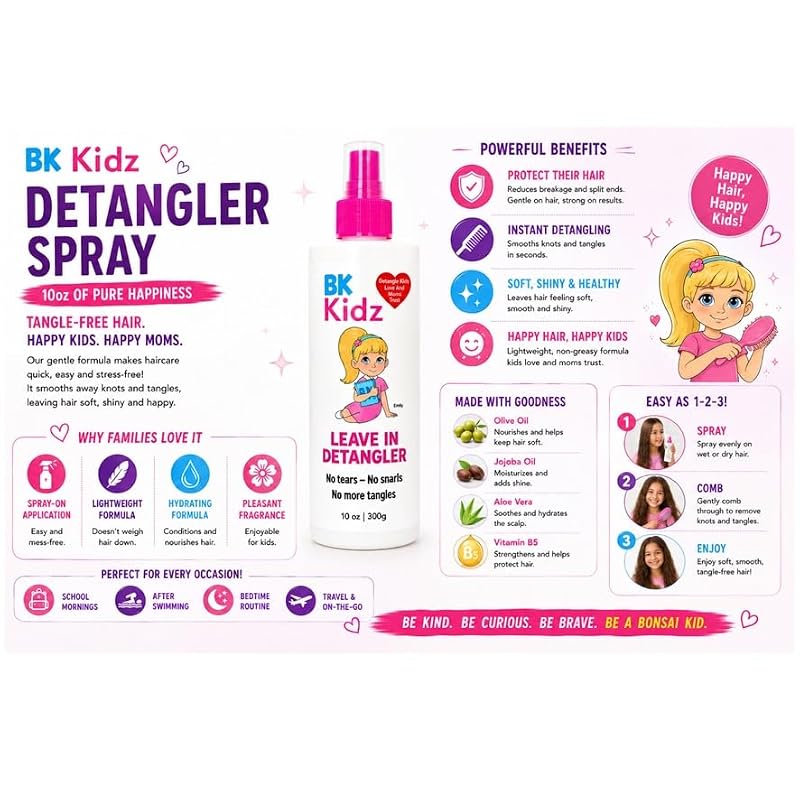 Bonsai Kids Hair Detangler Spray 10oz - Gentle Kids Hair Tamer & Leave-In Conditioner