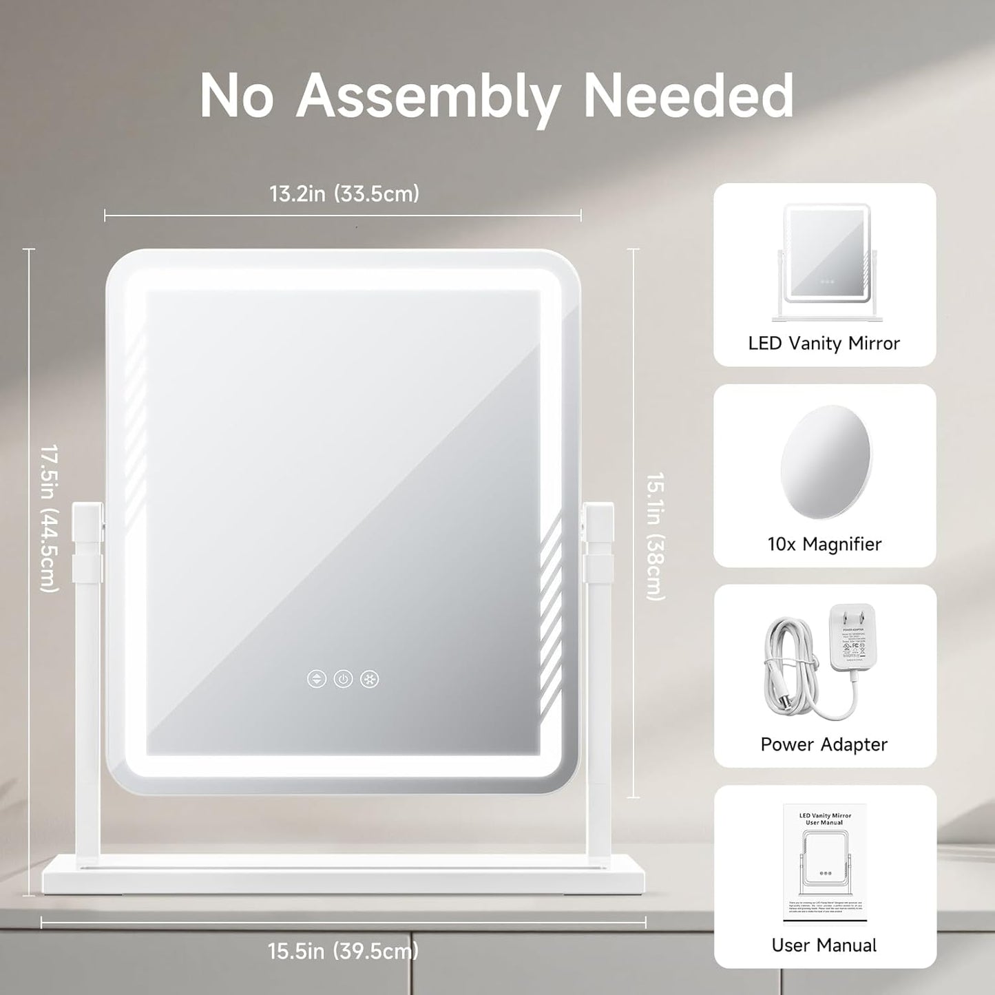 Makeup Mirror with Lights - Height-Adjustable 360° Rotation & Smart Touch Control | Large 17.5in White Vanity Mirror