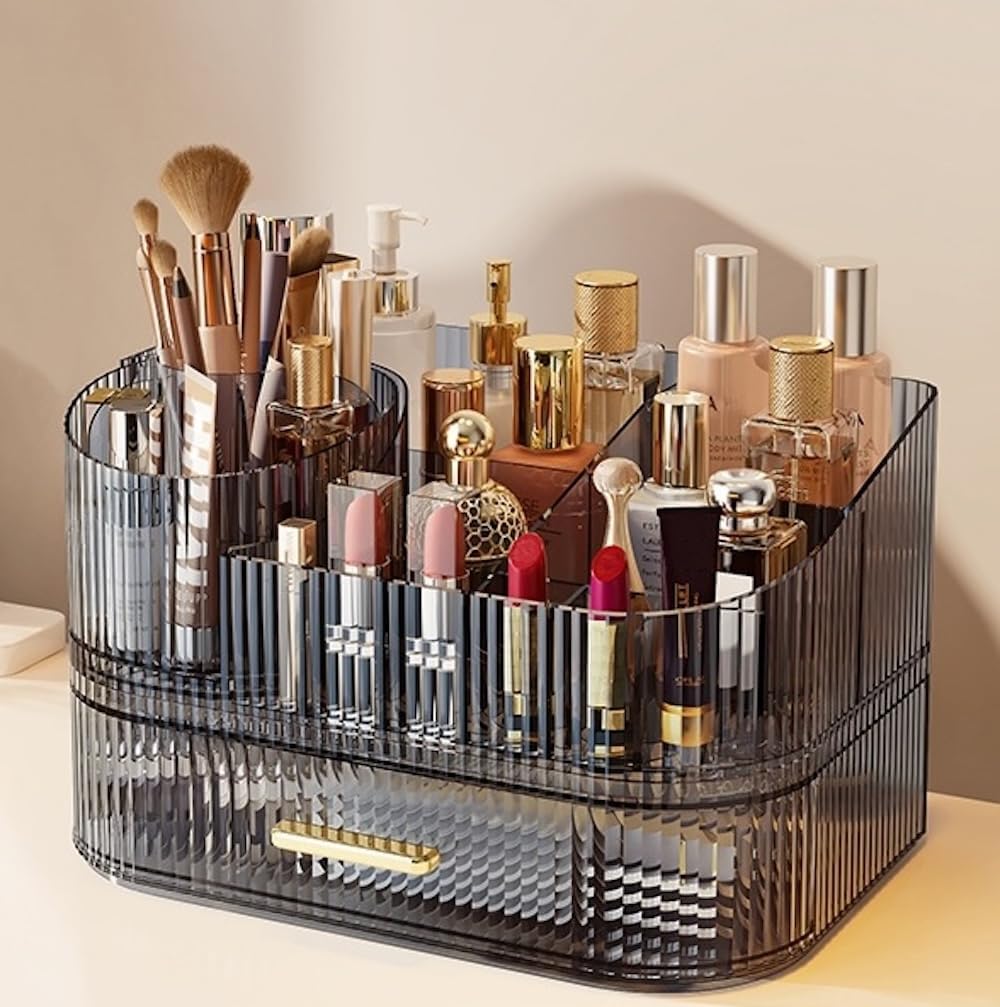 Makeup Organizer - 360° Rotating Brush Holder & Large Capacity Storage | Cream White, 3-Layer Design for Vanity & Accessories