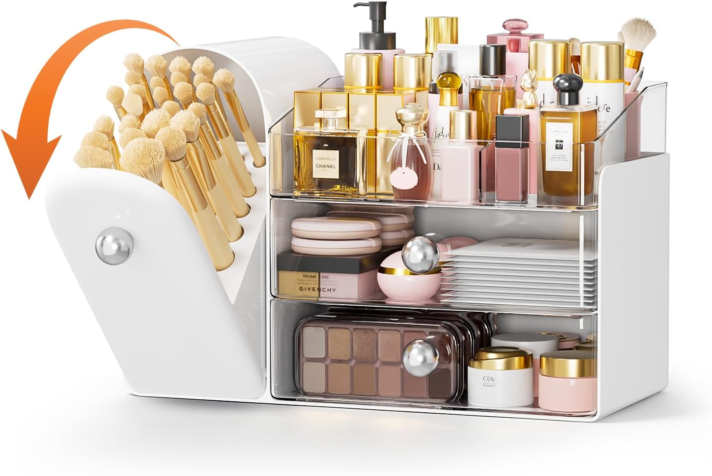 Makeup Organizer with Sliding Brush Holder - Clear Skincare Storage Case for Vanity & Bathroom (Black)
