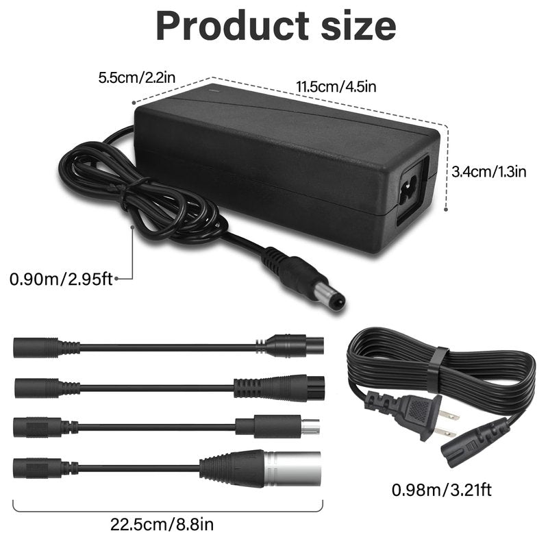 42V 2A Scoter Charger 5 Plugs for 36V Lithium Battery Pack DC 5.5 * 2.1 with 8mm 3 Prong/12mm 3 Prong Connector/8mm RCA/ 3-Pin Male XLR Connector,Universal 5 in 1 Charger Power Adapter