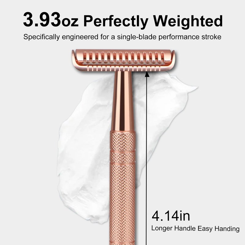 Double Edge Safety Razor with 10 Blades and Stand, Single Blade Razors for Men and Women, Long and Heavy Duty Stainless Steel Handle, Smooth Close Gentle Shave, Rose Gold