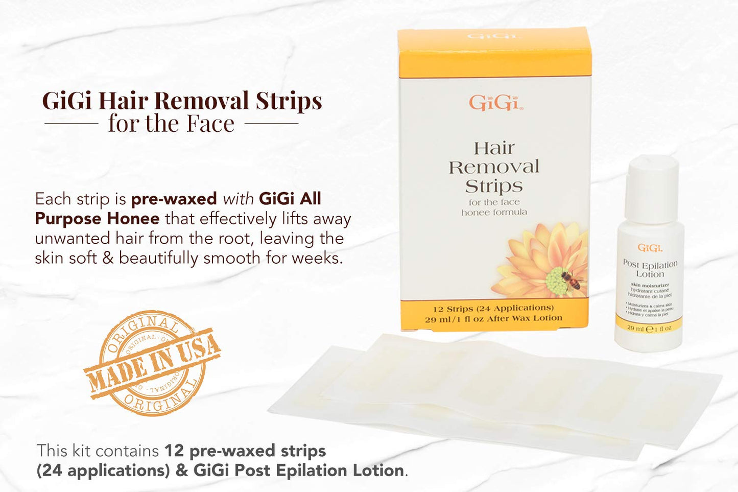 Gigi Wax Strips for Hair Removal – 12 Facial Wax Strips for Women with Post Epilation Lotion, At Home Waxing Kit