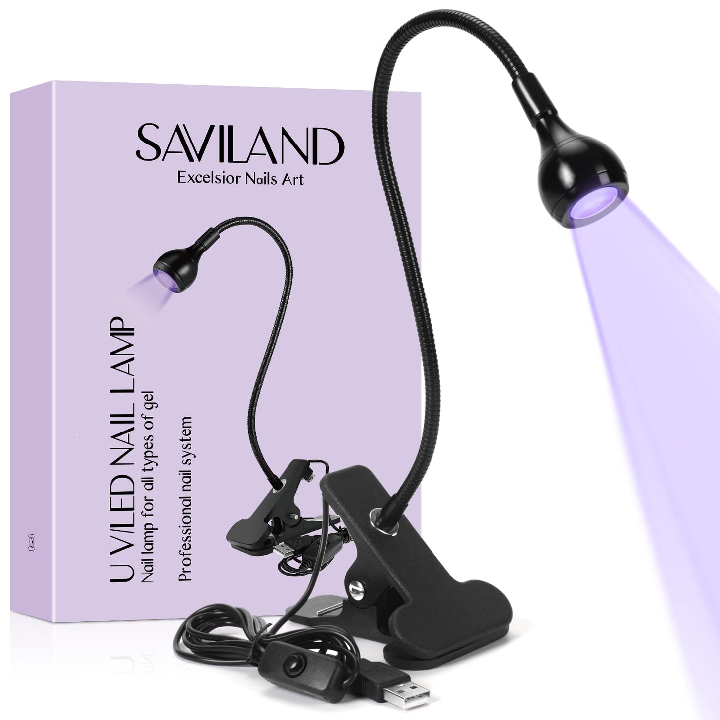 SAVILAND UV Nail Lamp: Gooseneck LED Nail Flash Cure Lamp for Nails lampara uv/led para uñas de gel with Securing Clip LED Flash Cure Light Manicure Home DIY UV Light for Gel Polish Nail Lamp