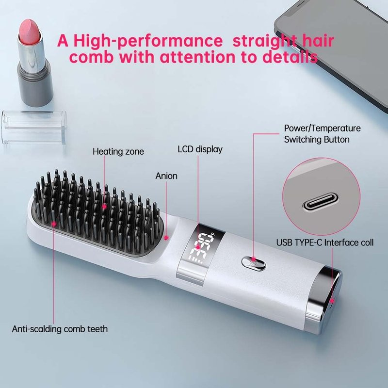 Cordless Hair Straightener Brush - Portable Travel Comb with USB Charging | Fast Heating, LCD Display (White-Silvery)
