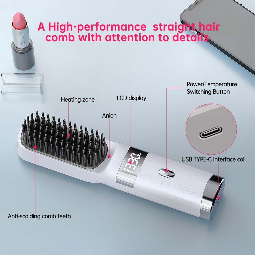 Cordless Hair Straightener Brush - Portable Travel Comb with USB Charging | Fast Heating, LCD Display (White-Silvery)
