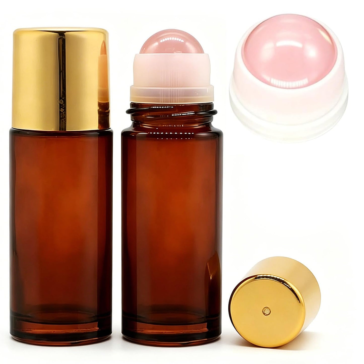 Rose Quartz Roller Ball Bottle for Oils - 50ml Refillable Empty Amber Glass Roller Bottles, Roll On Bottles for Essential Oils and Organic Castor Oil (Rose Quartz Roller Bottle)