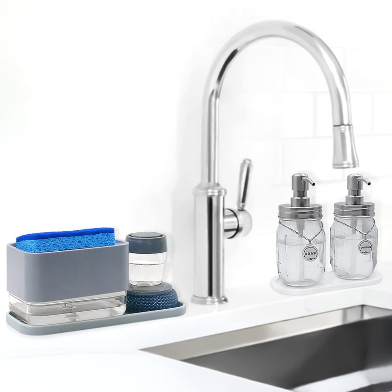 HvOvMvE Silicone Organizer Tray, Soap and Sponge Holder for Kitchen Sink, Bathroom - Storage Tray for Dish Brush, Soap Dispenser, Dishwashing Accessories- 2 Pack (White)