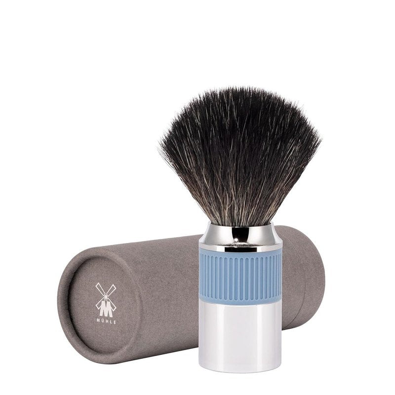 MÜHLE NEO shaving brush | Vegan Shave Brush for Shaving soaps and creams | sustainable eco-friendly and reusable |exfoliating shaving brush | chrome with glacier blue silicone grip handle