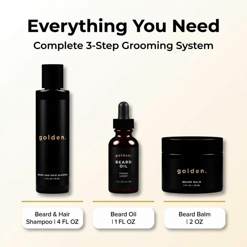 Golden Grooming Beard Bundle (Regular Starter Kit) 4oz Shampoo, 2oz Balm, 1oz Oil - Fresh