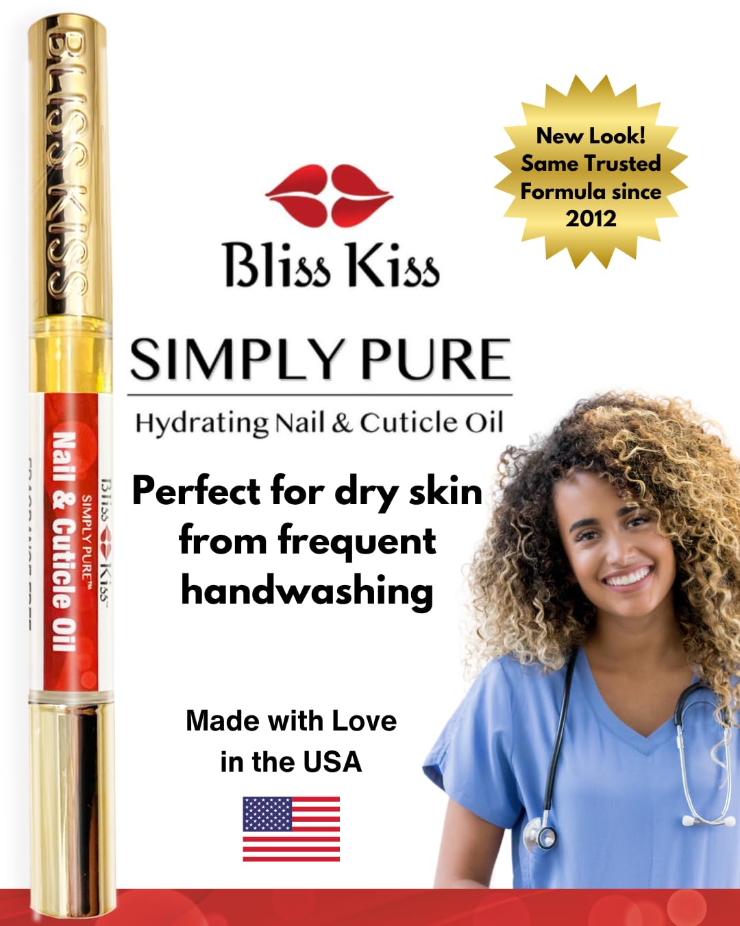Bliss Kiss Fragrance Free Nail Oil Cuticle Pen with Vitamin E & Jojoba - Nail Strengthener Nail Growth Serum for Brittle Peeling Breaking Thin Nails