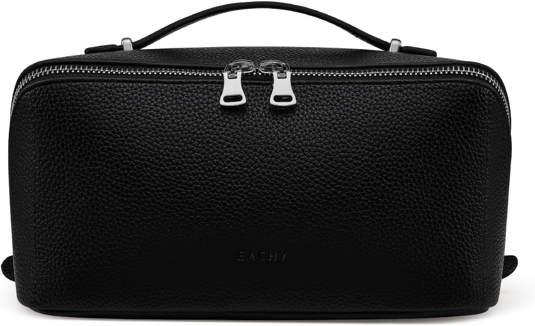 Travel Makeup Bag - Large Capacity Lychee Leather Cosmetic Organizer | Waterproof Toiletry Bag with TPU Brush Compartment